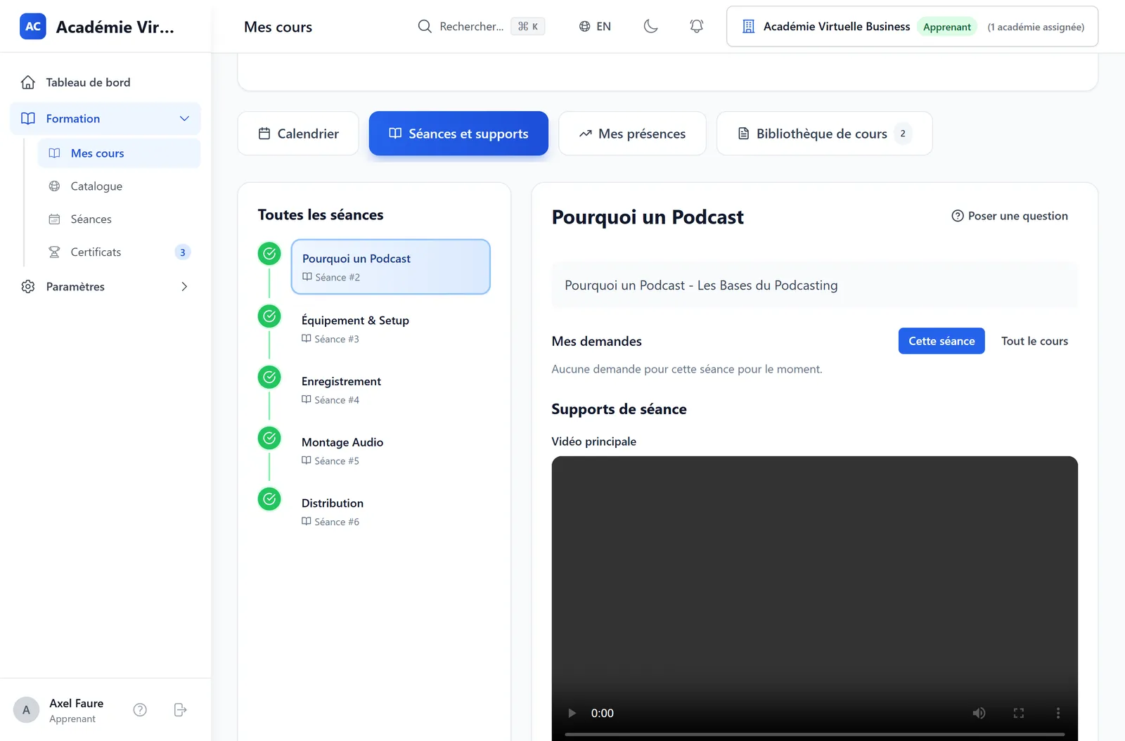 SetAcademy, vue élève : la liste des séances validées et le support vidéo de la séance.